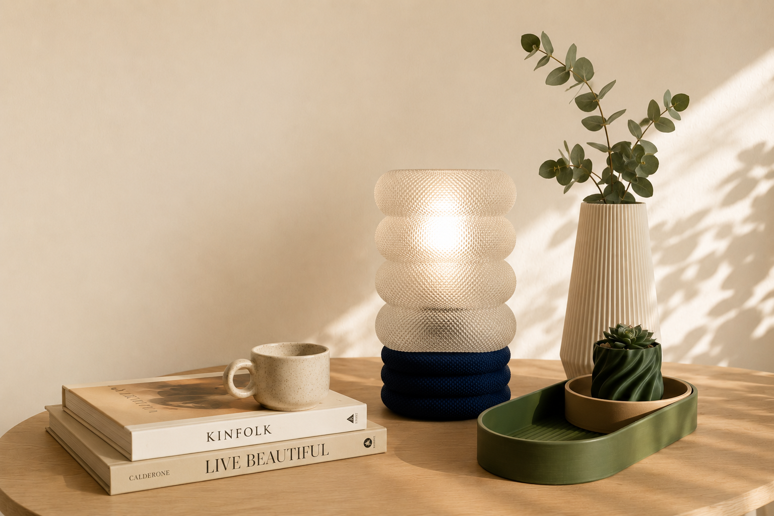Objetos de decoración Tuti Lab en una mesa cálida iluminada por la luz natural